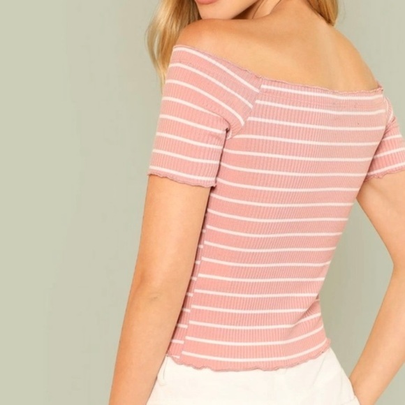 Off the Shoulder Pink Striped Lettuce Trim Tee - Picture 3 of 12